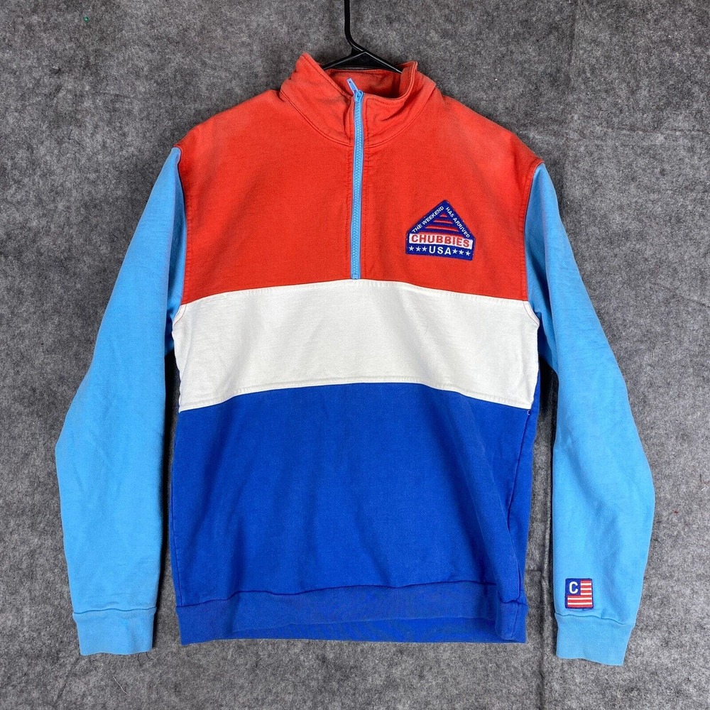 Chubbies‎ Sweater Mens Small Blue White Colorblock Pullover 1/4 Zip